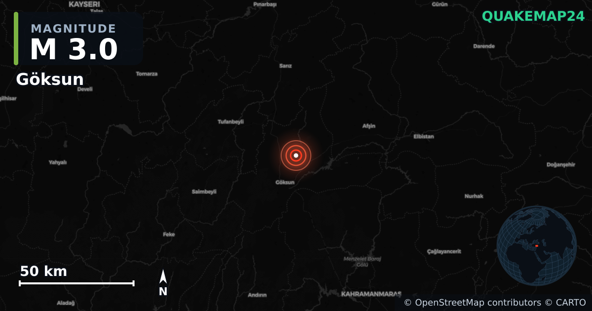 M3.0 earthquake near Göksun on Aug 22, 2026 — map of epicenter and shaking intensity | QuakeMap24