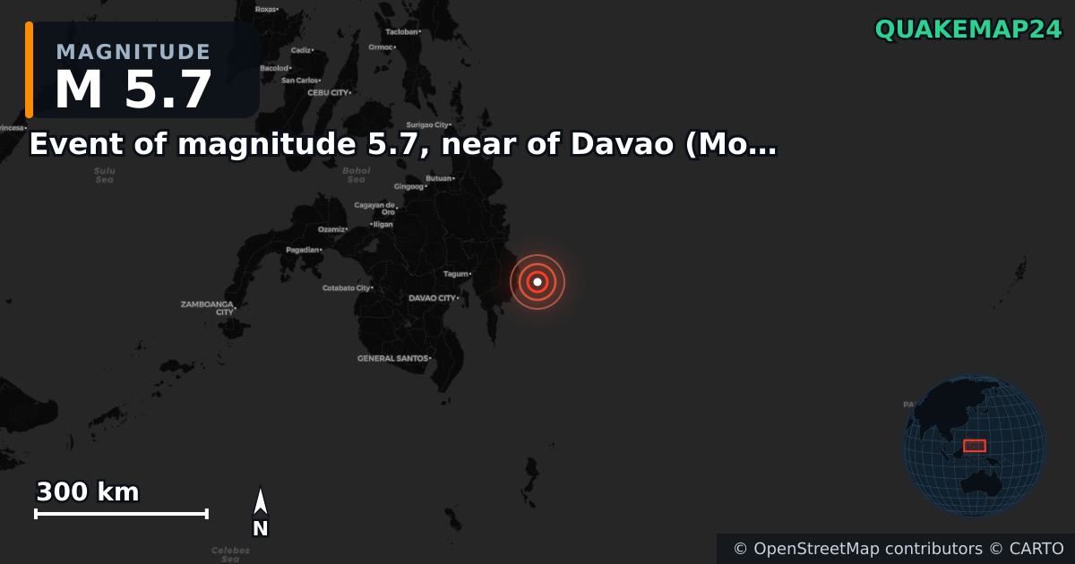 Erdbeben M5,7 bei Event of magnitude 5.7, near of Davao (Monde) — Karte der Lage des Epizentrums