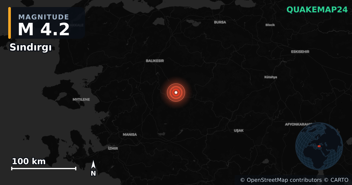 M4.2 earthquake near Sındırgı on Sep 7, 2025 — map of epicenter and shaking intensity | QuakeMap24