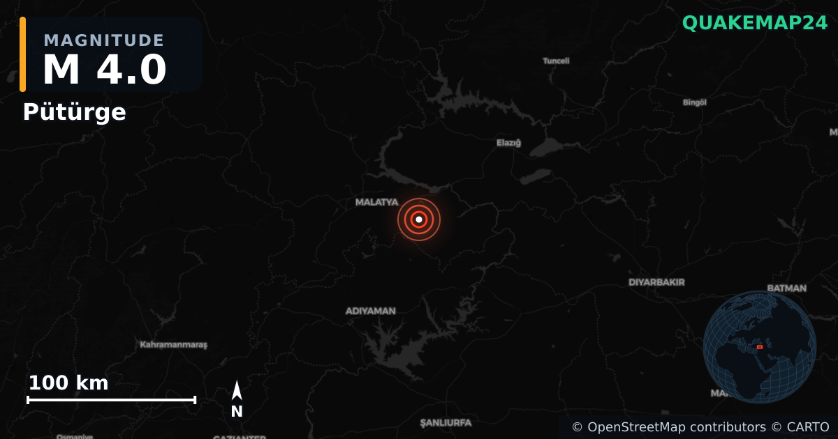 M4.0 earthquake near Pütürge on May 24, 2026 — map of epicenter and shaking intensity | QuakeMap24
