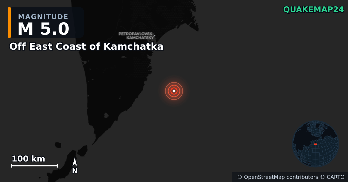 M5.0 earthquake near Off East Coast of Kamchatka on Aug 3, 2025 — map of epicenter and shaking intensity | QuakeMap24