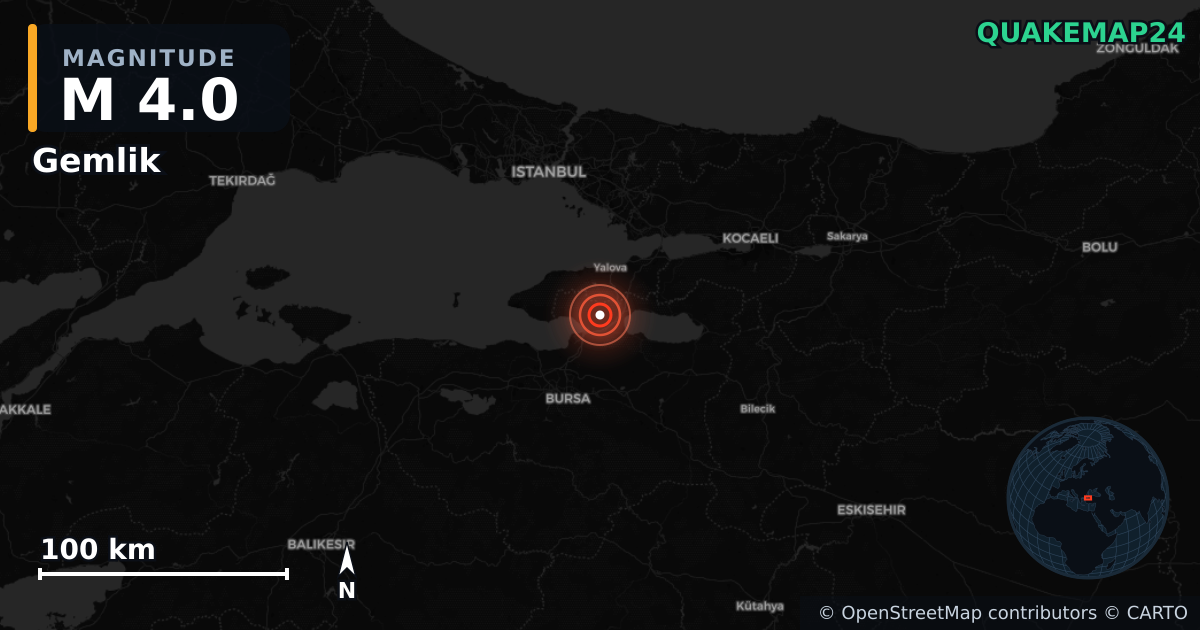 M4.0 earthquake near Gemlik on Jul 1, 2025 — map of epicenter and shaking intensity | QuakeMap24