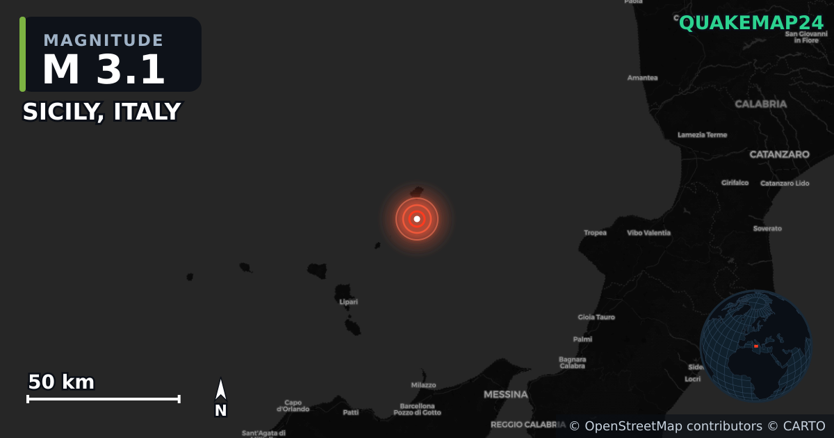 M3.1 earthquake near SICILY, ITALY on Jul 28, 2025 — map of epicenter and shaking intensity | QuakeMap24