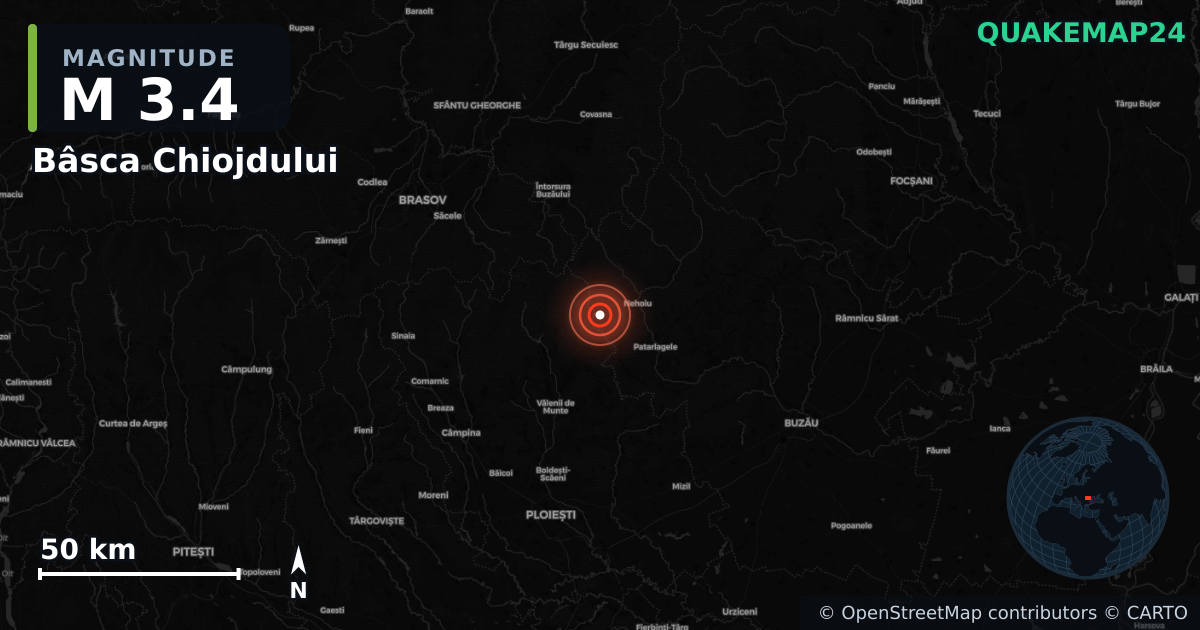 Sismo de M3,4 perto de Bâsca Chiojdului (Romênia) · 2026-10-08 — Mapa da localização do epicentro