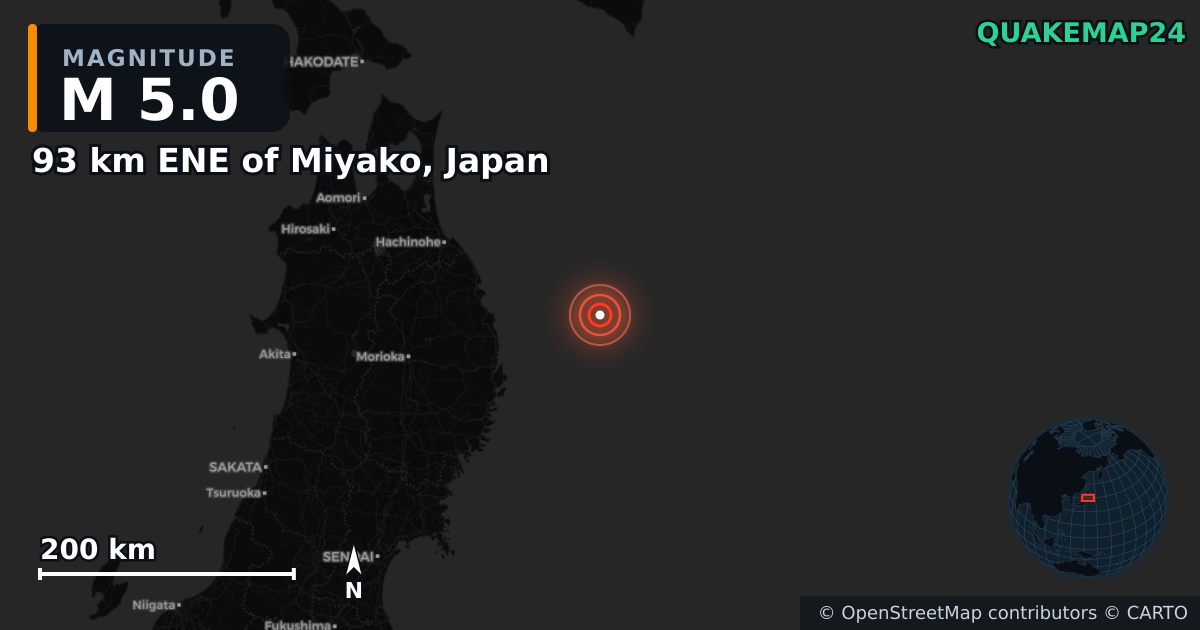 M5.0 earthquake near 93 km ENE of Miyako, Japan on Apr 22, 2026 — map of epicenter and shaking intensity | QuakeMap24