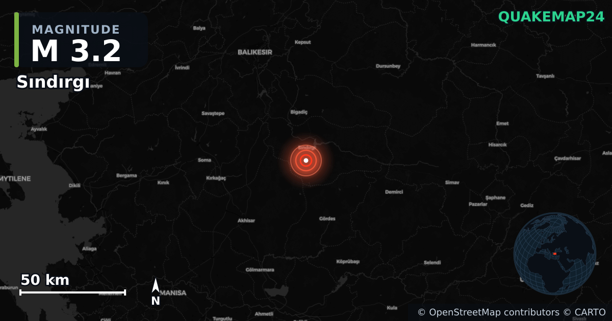M3.2 earthquake near Sındırgı on Aug 23, 2025 — map of epicenter and shaking intensity | QuakeMap24