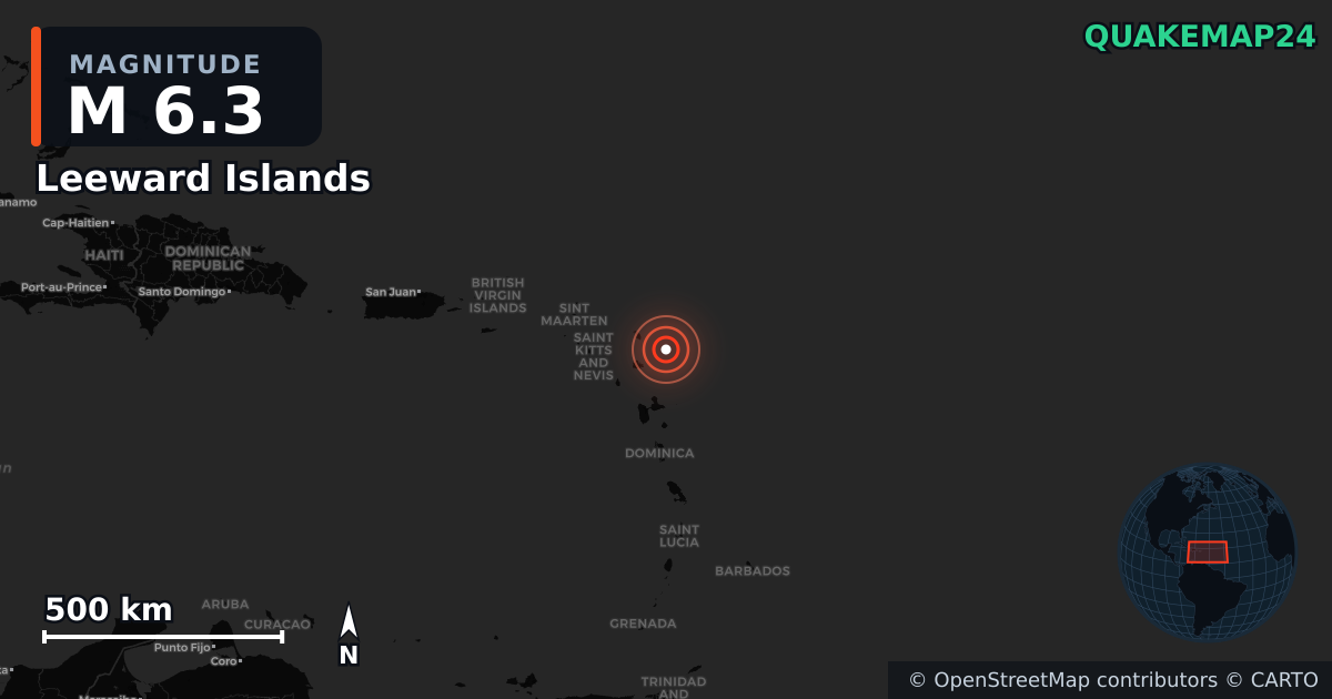 Σεισμός M6,3 κοντά στο Leeward Islands — Χάρτης της θέσης του επικέντρου