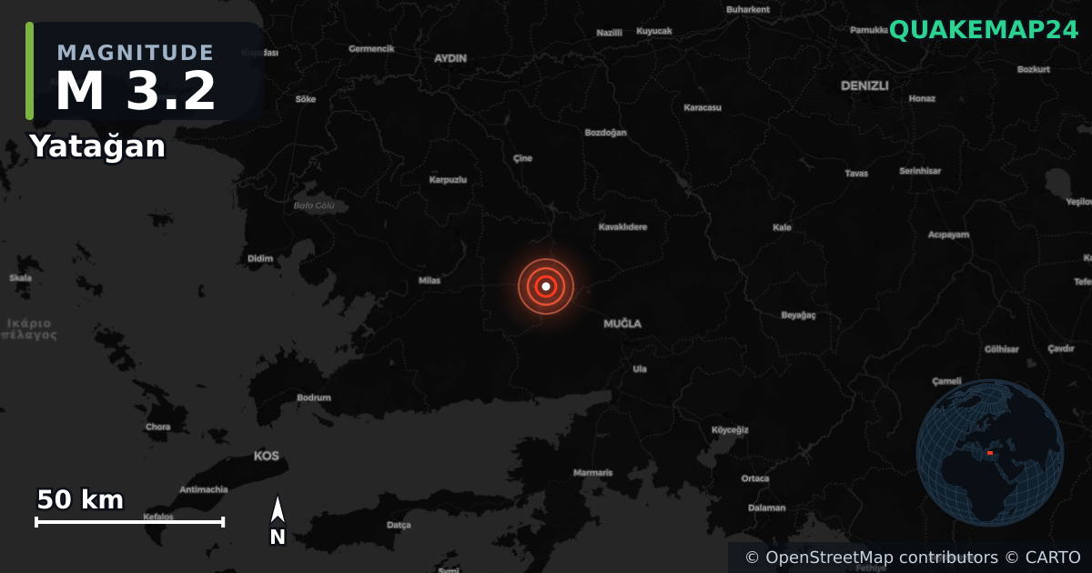 M3.2 earthquake near Yatağan on Nov 8, 2025 — map of epicenter and shaking intensity | QuakeMap24