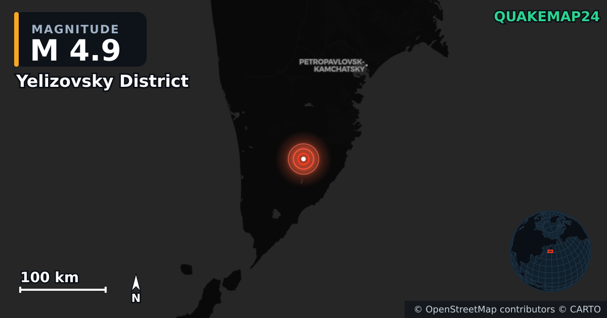 M4.9 earthquake near Yelizovsky District on Aug 14, 2026 — map of epicenter and shaking intensity | QuakeMap24