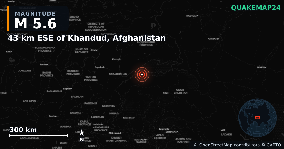 M5.6 earthquake near 43 km ESE of Khandud, Afghanistan on Oct 17, 2025 — map of epicenter and shaking intensity | QuakeMap24