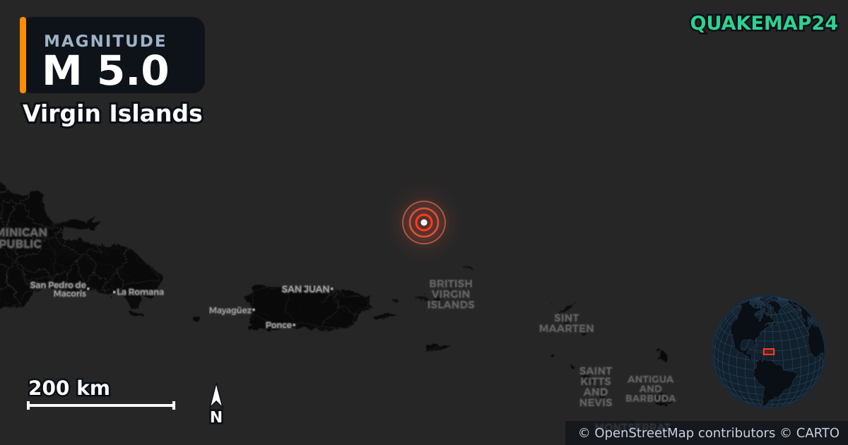 Terremoto de M5,0 cerca de Virgin Islands — Mapa de la ubicación del epicentro