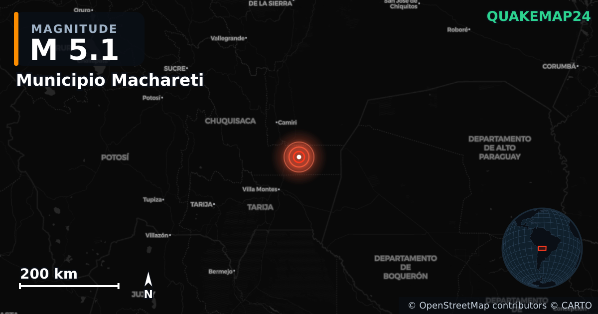 M5.1 earthquake near Municipio Machareti on Dec 30, 2025 — map of epicenter and shaking intensity | QuakeMap24