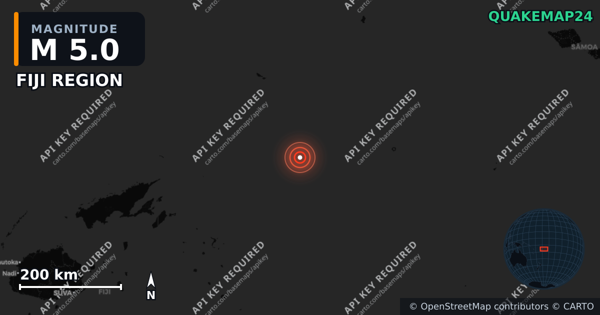 M5.0 earthquake near FIJI REGION on Jul 30, 2025 — map of epicenter and shaking intensity | QuakeMap24
