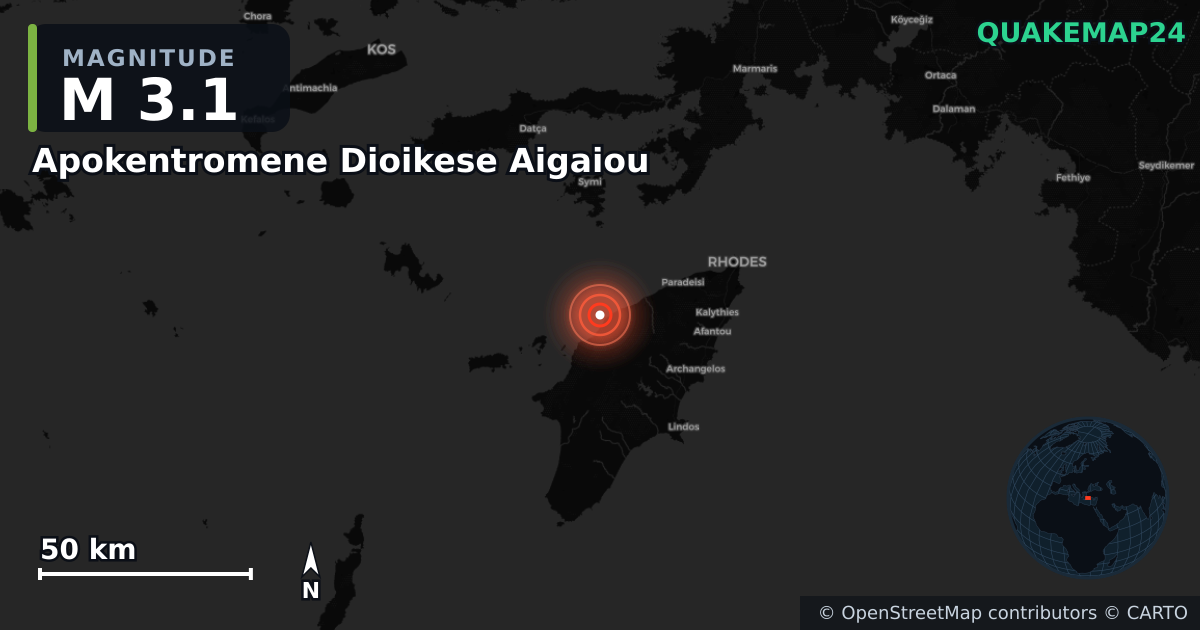 M3.1 earthquake near Apokentromene Dioikese Aigaiou on Jun 10, 2025 — map of epicenter and shaking intensity | QuakeMap24