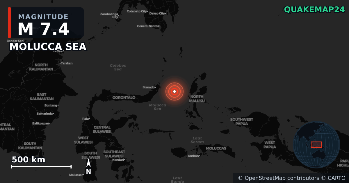 M7.4 earthquake near MOLUCCA SEA on Apr 1, 2026 — map of epicenter and shaking intensity | QuakeMap24