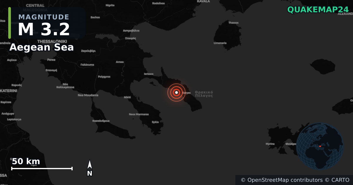 M3.2 earthquake near Aegean Sea on Aug 21, 2025 — map of epicenter and shaking intensity | QuakeMap24