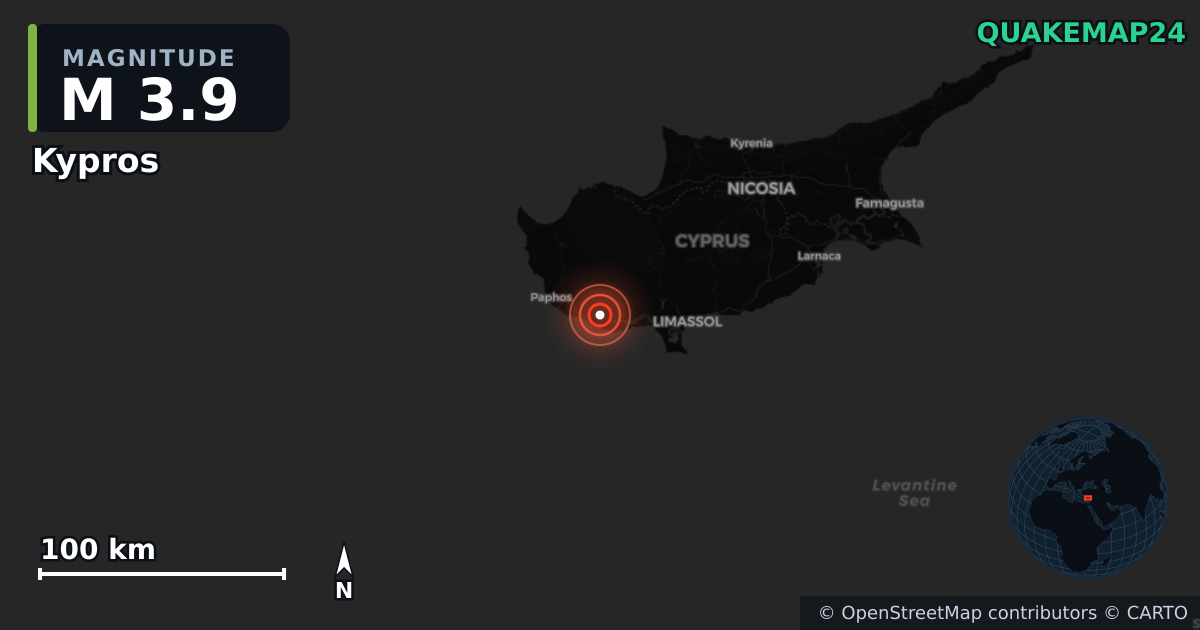 M3.9 earthquake near Kypros on Dec 3, 2025 — map of epicenter and shaking intensity | QuakeMap24
