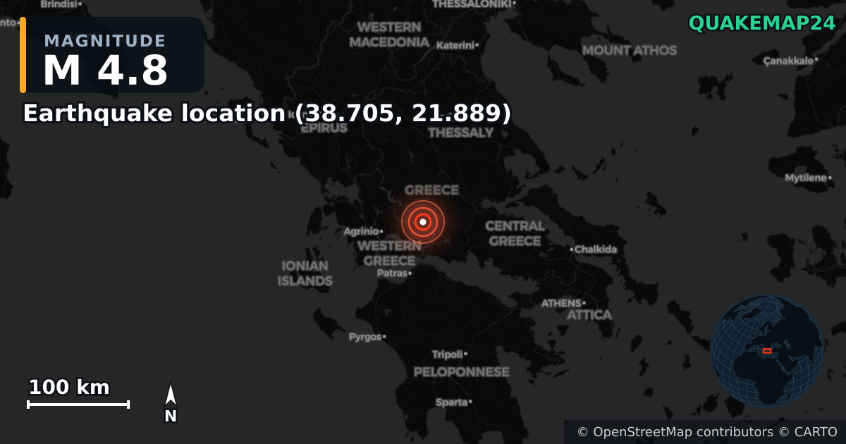 M4.8 earthquake near Lieu du séisme (38.705, 21.889) on Feb 18, 2025 — map of epicenter and shaking intensity | QuakeMap24