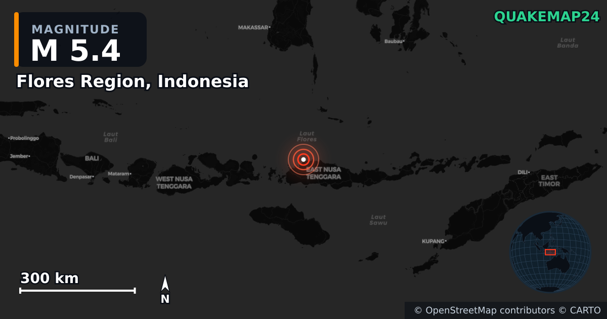 M5.4 earthquake near Flores Region, Indonesia on Jun 3, 2026 — map of epicenter and shaking intensity | QuakeMap24