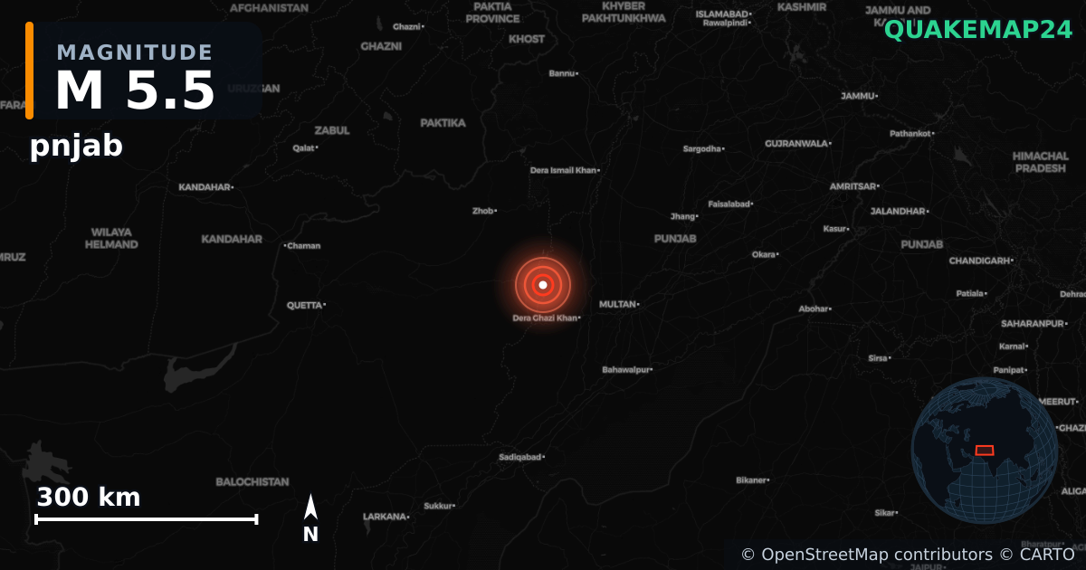 M5.5 earthquake near pnjab on Jun 28, 2025 — map of epicenter and shaking intensity | QuakeMap24