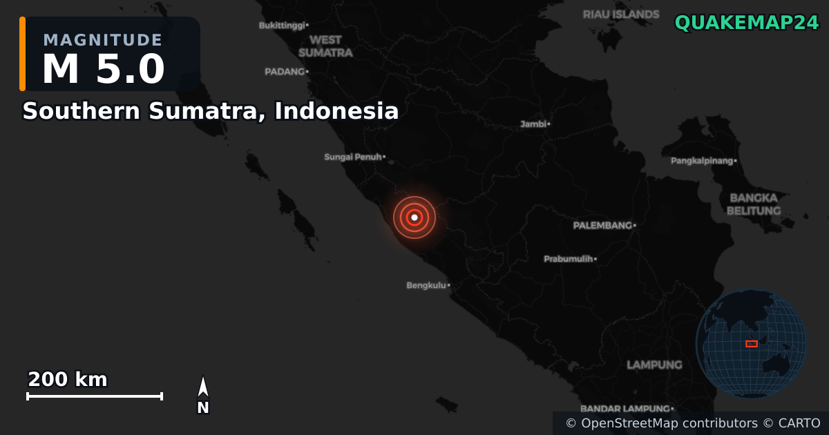 Southern Sumatra, Indonesia yakınında M5,0 deprem — Deprem merkez üssünün konumunu gösteren harita
