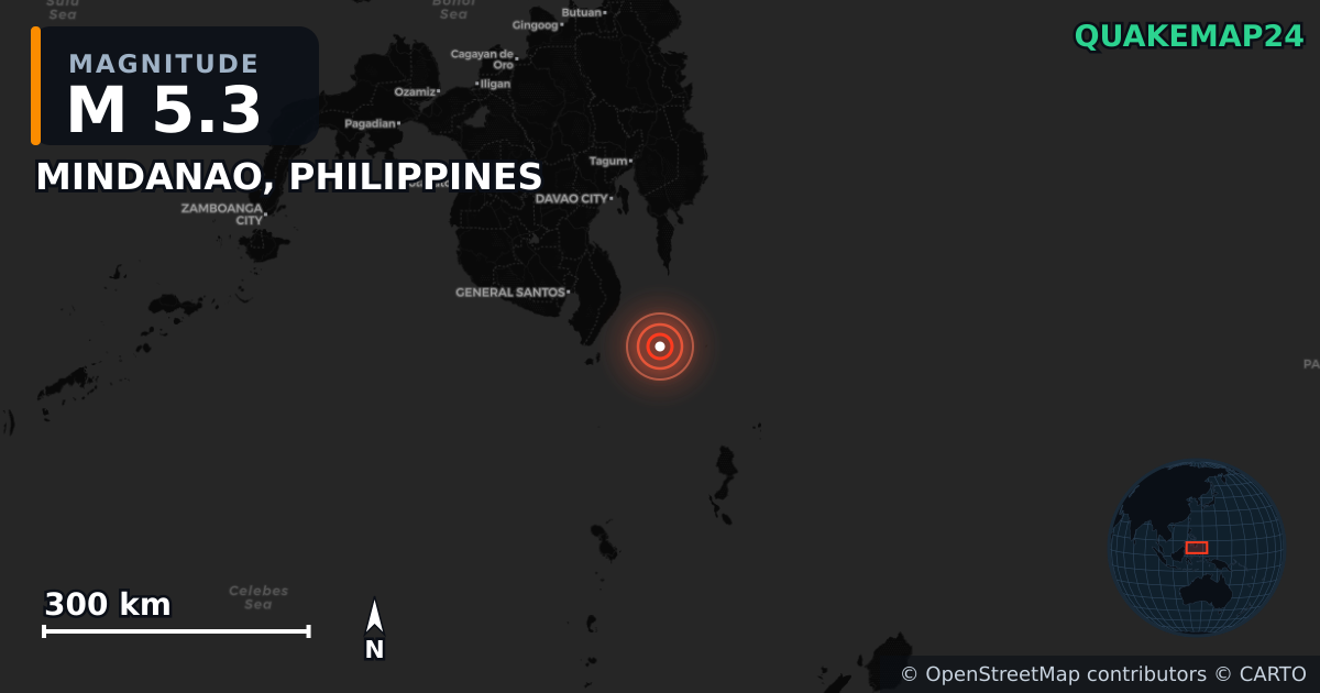 MINDANAO, PHILIPPINES yakınında M5,3 deprem — Deprem merkez üssünün konumunu gösteren harita