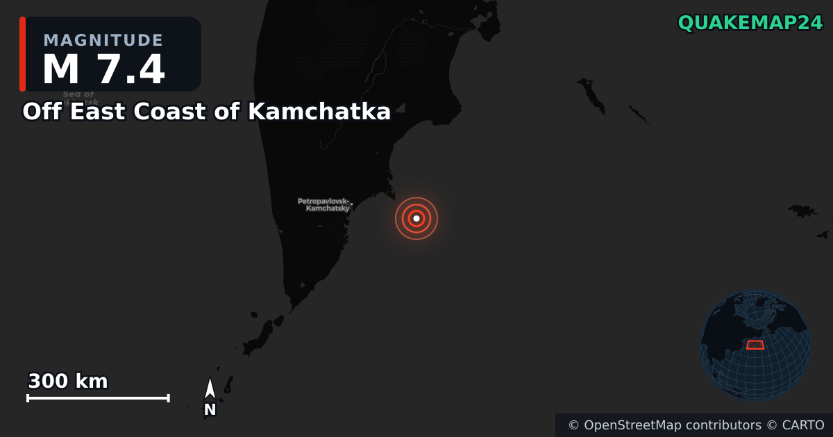 M7.4 earthquake near Off East Coast of Kamchatka on Jul 20, 2025 — map of epicenter and shaking intensity | QuakeMap24