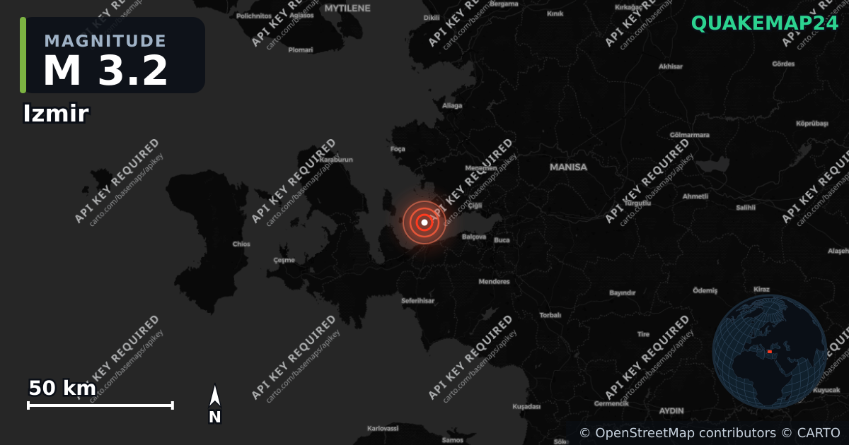 M3.2 earthquake near Izmir on Sep 3, 2026 — map of epicenter and shaking intensity | QuakeMap24