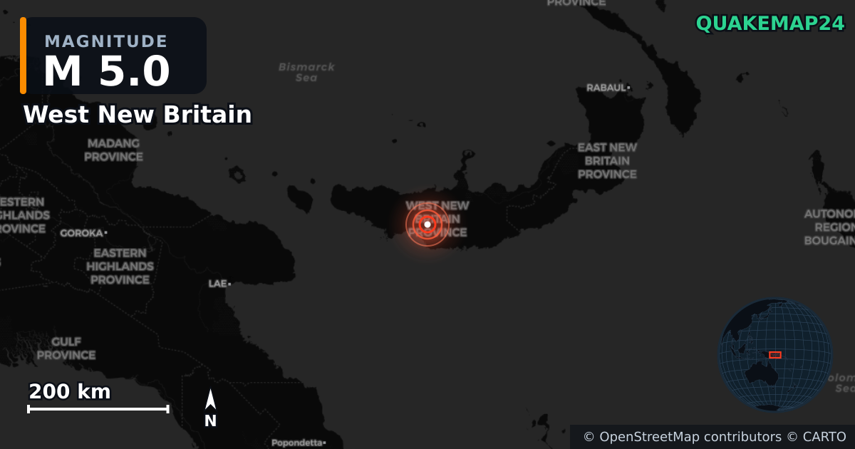 M5.0 earthquake near West New Britain on Jun 13, 2025 — map of epicenter and shaking intensity | QuakeMap24
