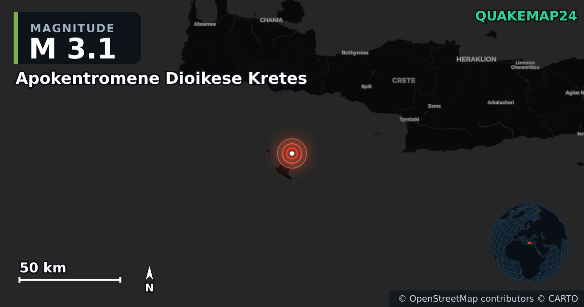 M3.1 earthquake near Apokentromene Dioikese Kretes on Nov 14, 2025 — map of epicenter and shaking intensity | QuakeMap24
