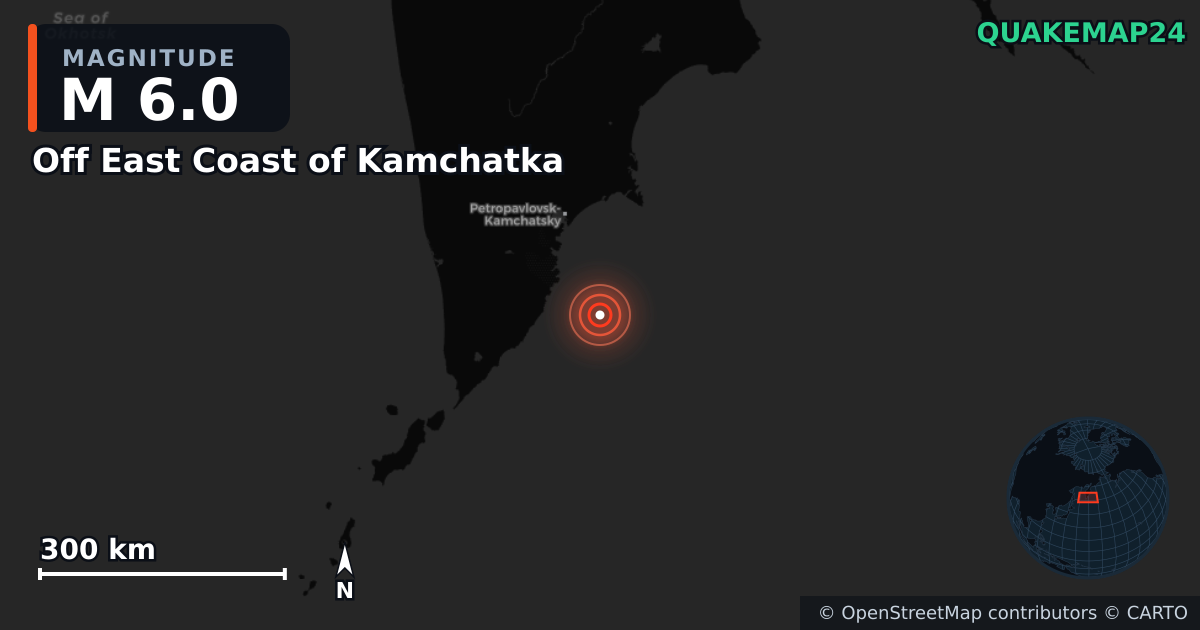 M6.0 earthquake near Off East Coast of Kamchatka on Jul 30, 2025 — map of epicenter and shaking intensity | QuakeMap24