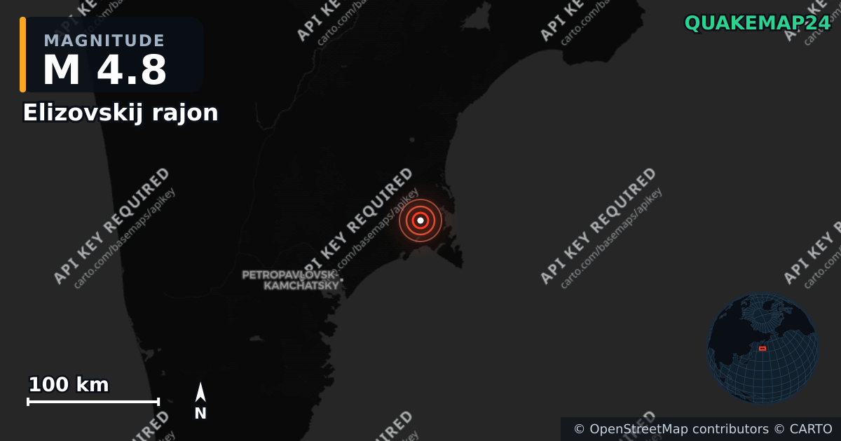 M4.8 earthquake near Elizovskij rajon on May 25, 2026 — map of epicenter and shaking intensity | QuakeMap24