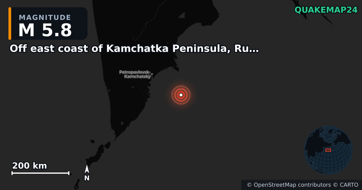 M5.8 earthquake near Off east coast of Kamchatka Peninsula, Russia [Sea: Russia] on Nov 4, 2025 — map of epicenter and shaking intensity | QuakeMap24