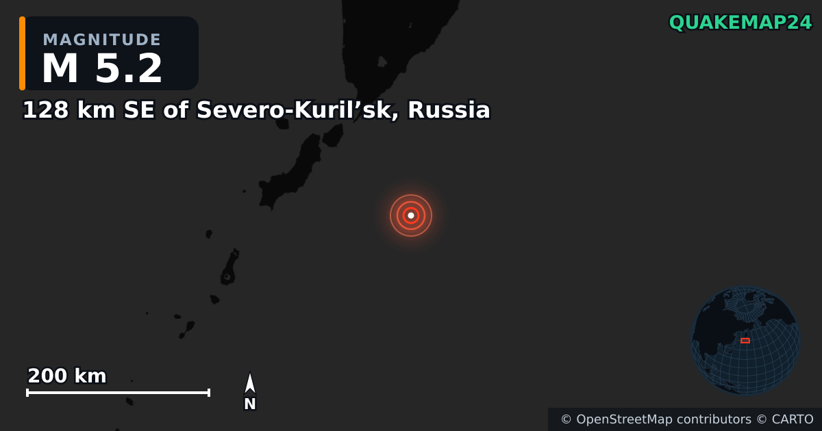 M5.2 earthquake near 128 km SE of Severo-Kuril’sk, Russia on Jul 30, 2025 — map of epicenter and shaking intensity | QuakeMap24