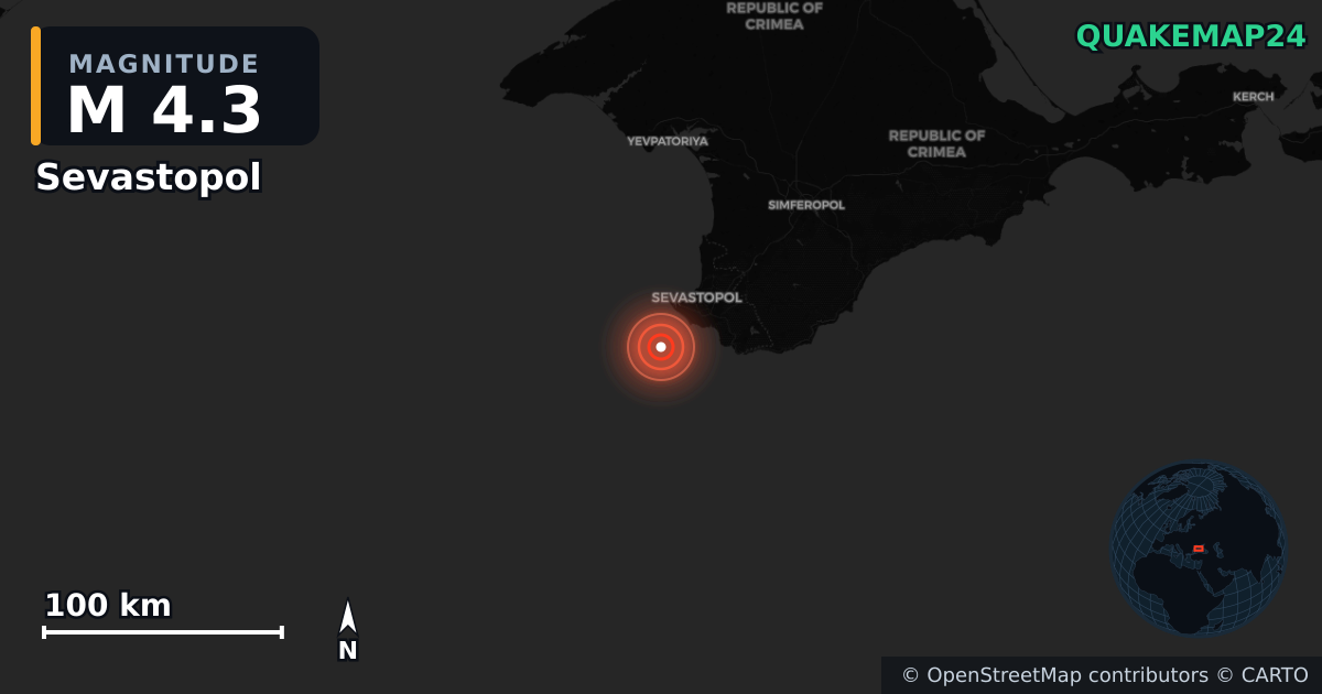 M4.3 earthquake near Sevastopol on Jun 22, 2026 — map of epicenter and shaking intensity | QuakeMap24