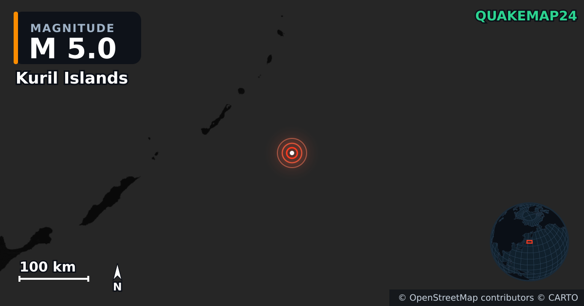 M5.0 earthquake near Kuril Islands on Feb 4, 2025 — map of epicenter and shaking intensity | QuakeMap24