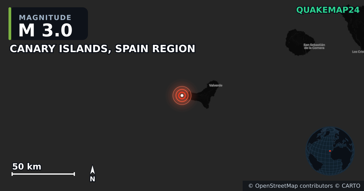M3.0 earthquake near CANARY ISLANDS, SPAIN REGION on May 19, 2025 — map of epicenter and shaking intensity | QuakeMap24