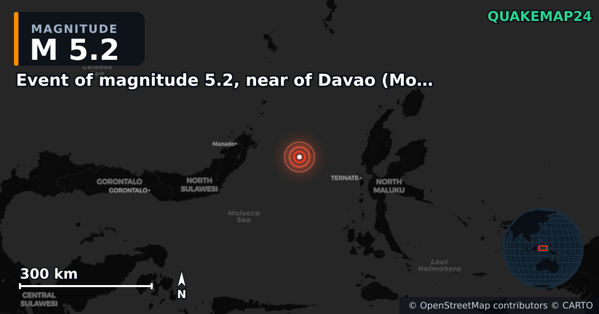 Erdbeben M5,2 bei Event of magnitude 5.2, near of Davao (Monde) — Karte der Lage des Epizentrums
