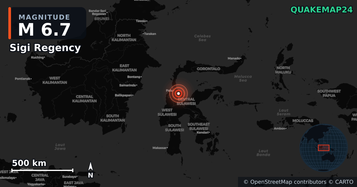 M6.7 earthquake near Sigi Regency on Jun 16, 2026 — map of epicenter and shaking intensity | QuakeMap24