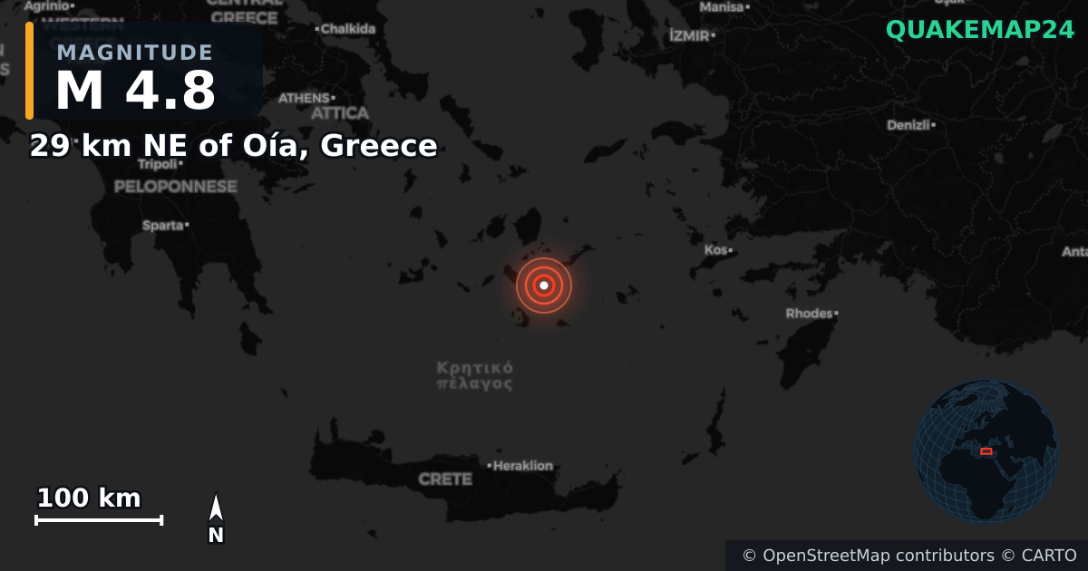 M4.8 earthquake near 29 km NE of Oía, Greece on Feb 18, 2025 — map of epicenter and shaking intensity | QuakeMap24