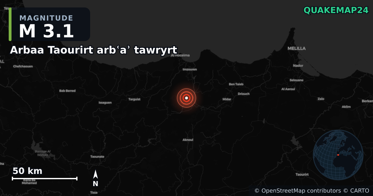 M3.1 earthquake near Arbaa Taourirt arbʿaʾ tawryrt on Sep 2, 2025 — map of epicenter and shaking intensity | QuakeMap24