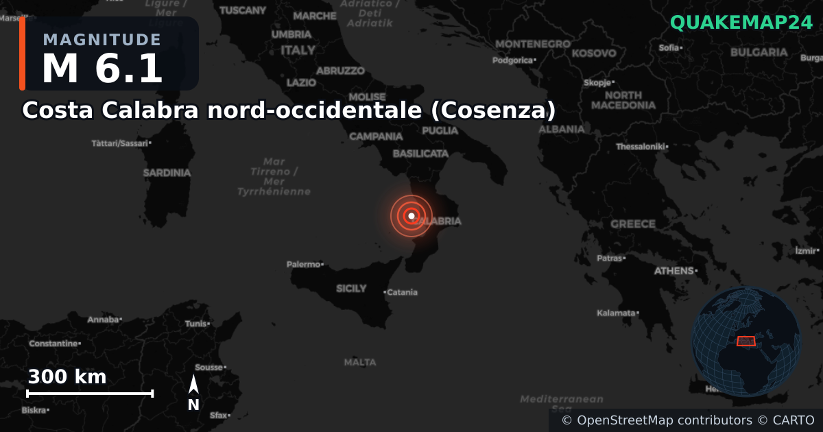 M6.1 earthquake near Costa Calabra nord-occidentale (Cosenza) on Jun 1, 2026 — map of epicenter and shaking intensity | QuakeMap24