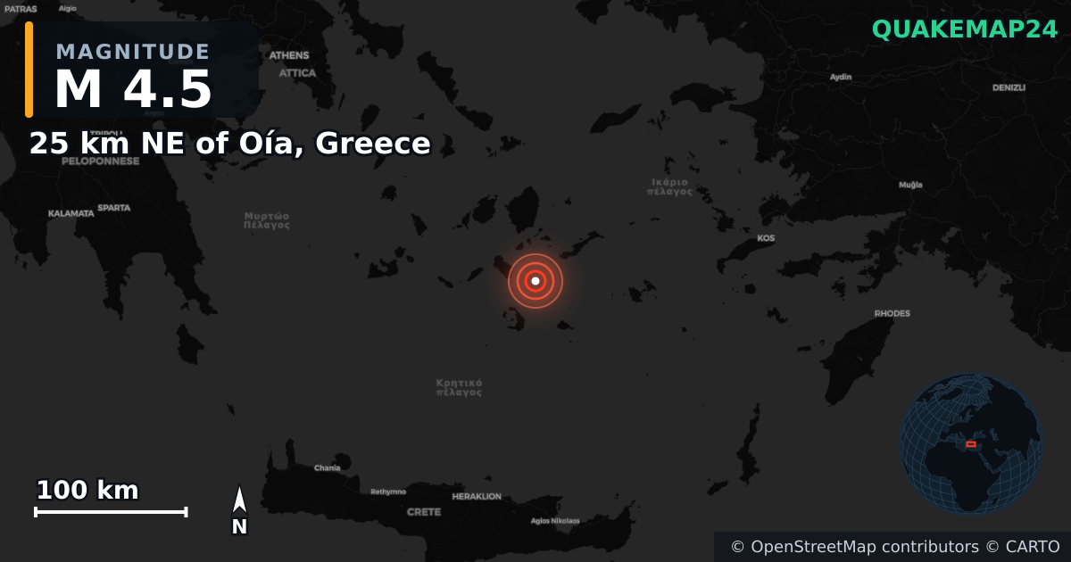 M4.5 earthquake near 25 km NE of Oía, Greece on Feb 3, 2025 — map of epicenter and shaking intensity | QuakeMap24