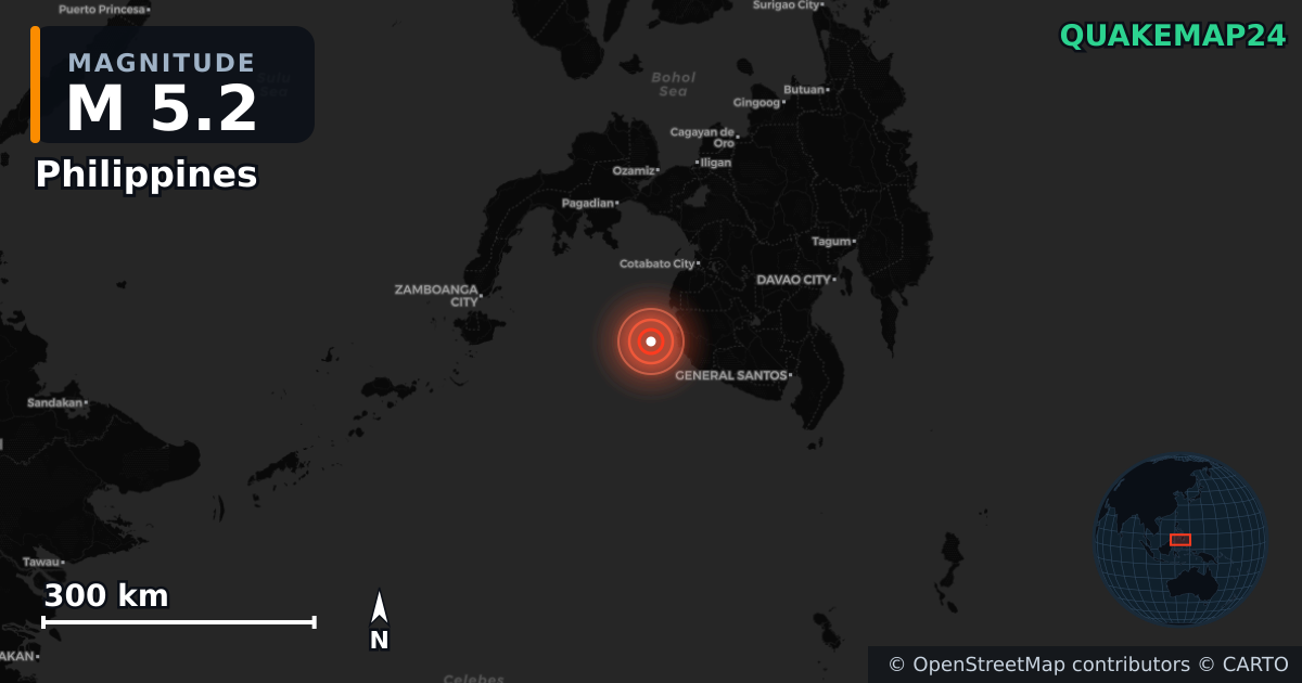 M5.2 earthquake near Philippines on Jan 27, 2026 — map of epicenter and shaking intensity | QuakeMap24