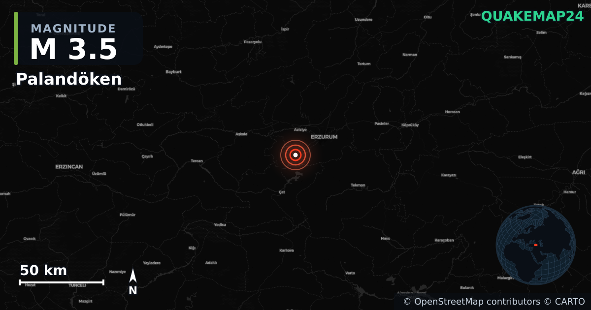 M3.5 earthquake near Palandöken on Oct 24, 2025 — map of epicenter and shaking intensity | QuakeMap24