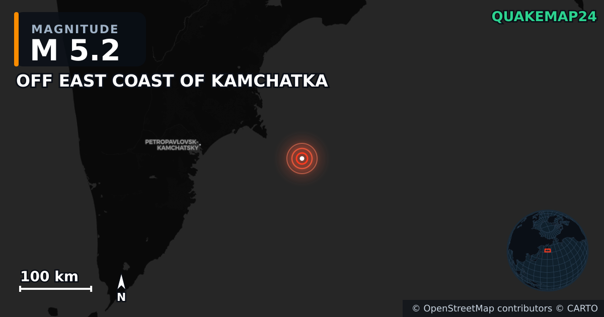 M5.2 earthquake near OFF EAST COAST OF KAMCHATKA on Jul 20, 2025 — map of epicenter and shaking intensity | QuakeMap24