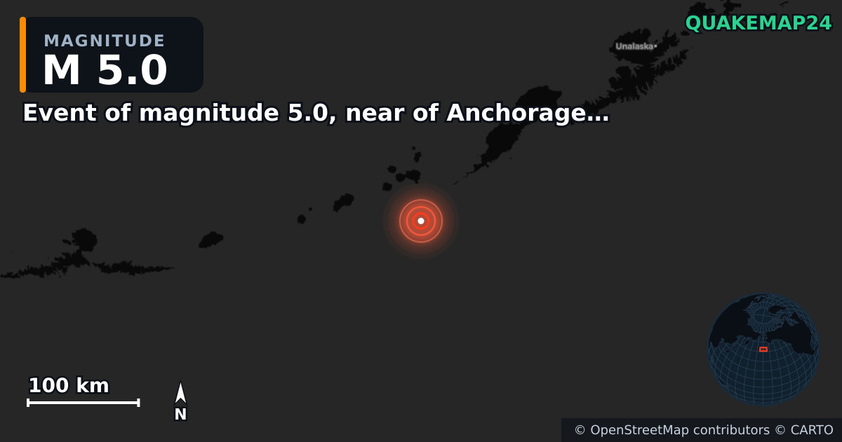 M5.0 earthquake near Event of magnitude 5.0, near of Anchorage (Monde) on Sep 4, 2025 — map of epicenter and shaking intensity | QuakeMap24