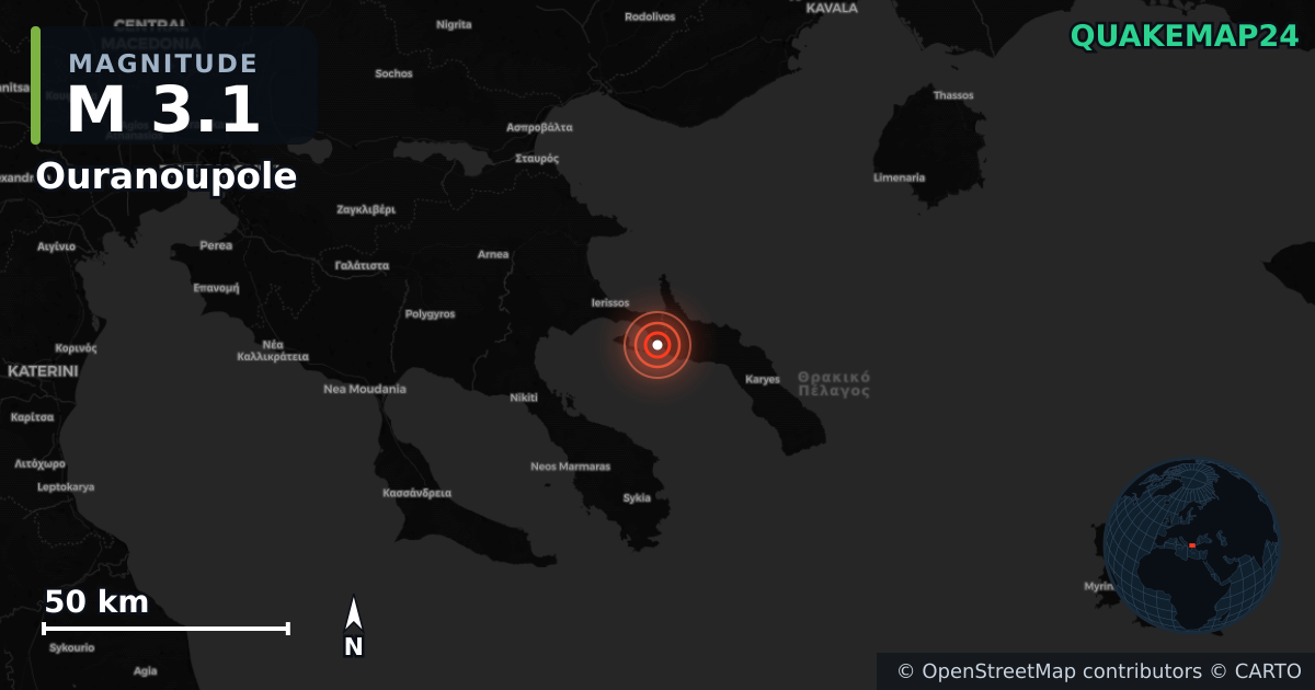 M3.1 earthquake near Ouranoupole on Jan 27, 2026 — map of epicenter and shaking intensity | QuakeMap24