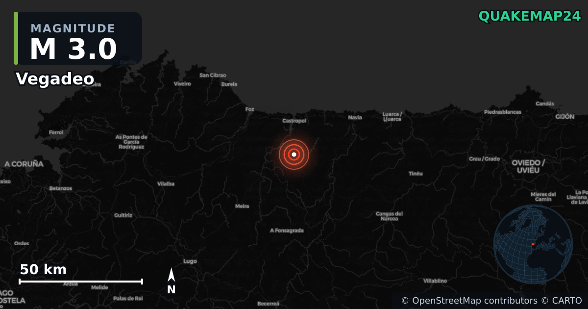M3.0 earthquake near Vegadeo on May 25, 2026 — map of epicenter and shaking intensity | QuakeMap24