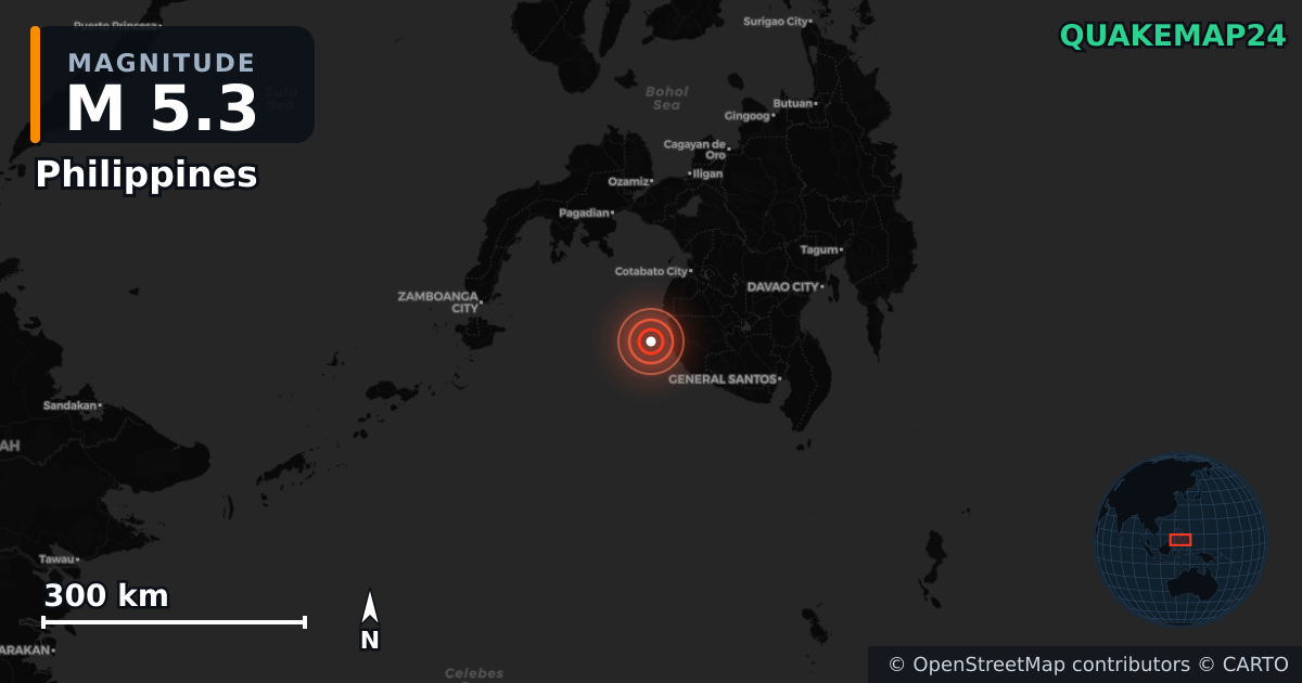 M5.3 earthquake near Philippines on Jan 28, 2026 — map of epicenter and shaking intensity | QuakeMap24